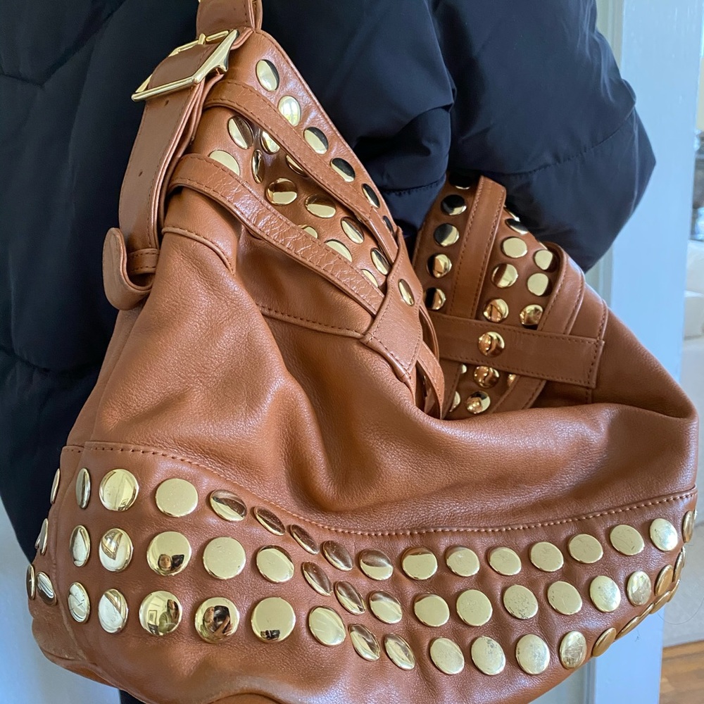 Studded tan shoulder bag